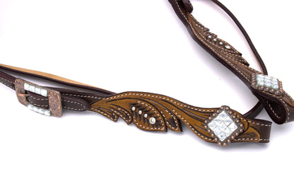 Vintage Style Westerntrense mit klaren Strasssteinen, kupferfarbene Schnallen, Stirnriemen,