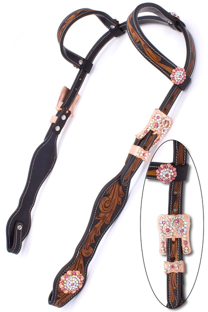 Zweiohr Westerntrense Crystal mit rosegoldenen Beschlägen und Conchos,